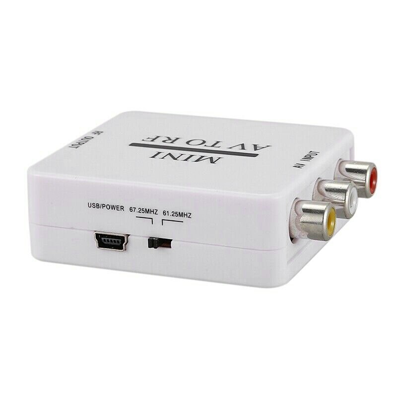 Mini HD caja convertidora de vídeo RCA AV CVSB a RF convertidor adaptador de Video de apoyo de RF 67,25 Mhz 61,25 Mhz AV a RF Scaler conmutador de TV