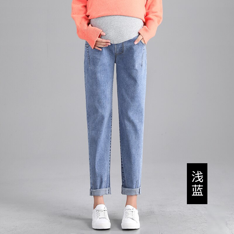 Mom Jeans For Women Denim Women`s Clothing Straight Solid Color High Waist Pregnant Pants Plus Size Maternity Clothes 0317: Sky Blue / L