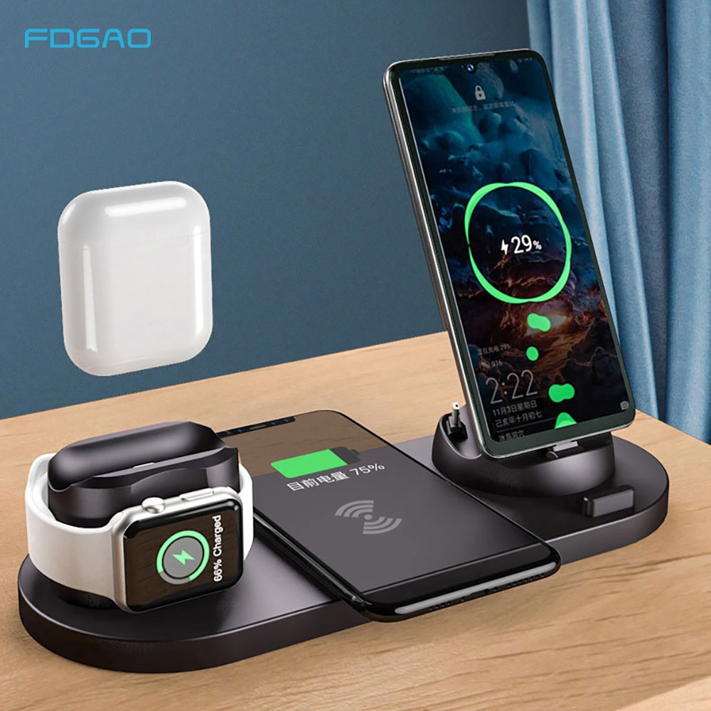 6 in 1 10W Drahtlose Ladegerät Stand Dock für iPhone SE 11 XS XR 8 X Schnelle Ladung Bahnhof Für Apfel Uhr 5 4 3 2 Airpods Profi