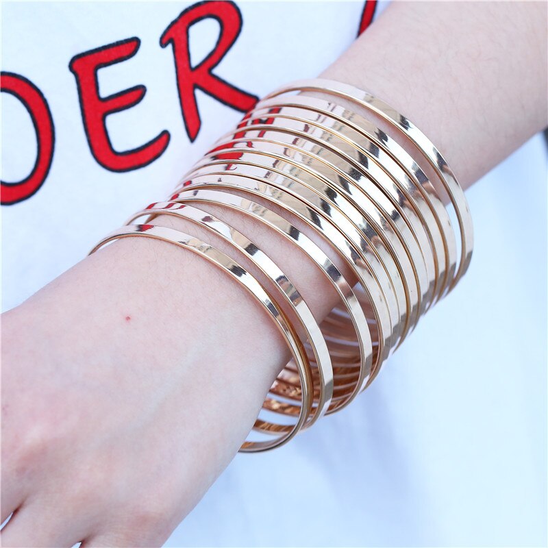 Smooth Pattern 12Pcs/Set Women Bangles Sets For Women Gold Silver Color Bangle Set Punk Jewelry Hip Hop