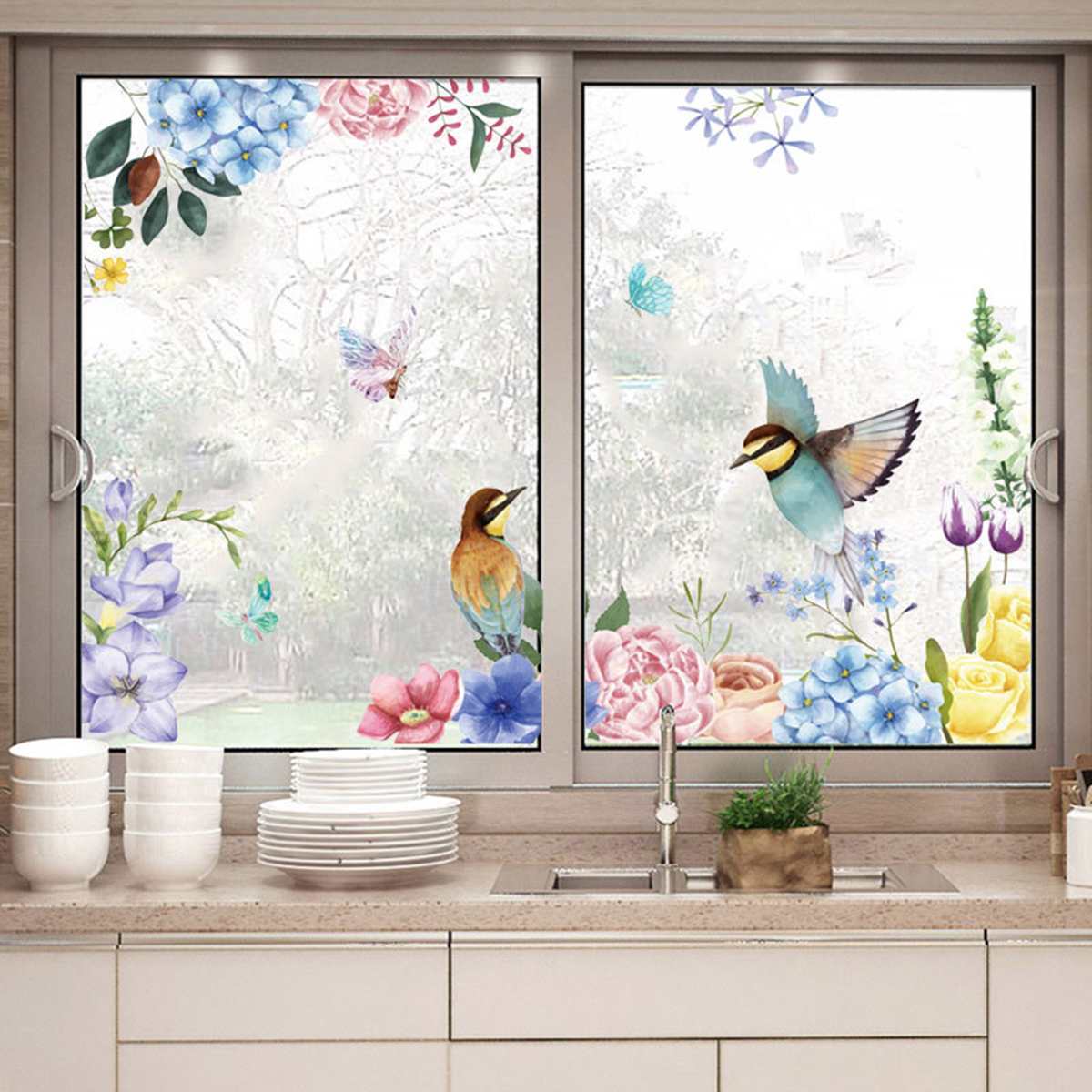 Spring Flower Bird Wall Stickers Window Decals Home Decor for Bedroom Living Room Kitchen DIY PVC Mural Arts Wall Decals