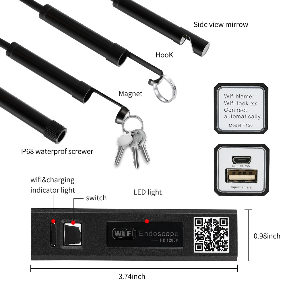 5M Hd 1200P Draadloze Wifi Endoscoop Voor Ios Android Pc Mini Waterdichte Semi Stijve Inspectie Camera 8 Mm lens 8LED Borescope
