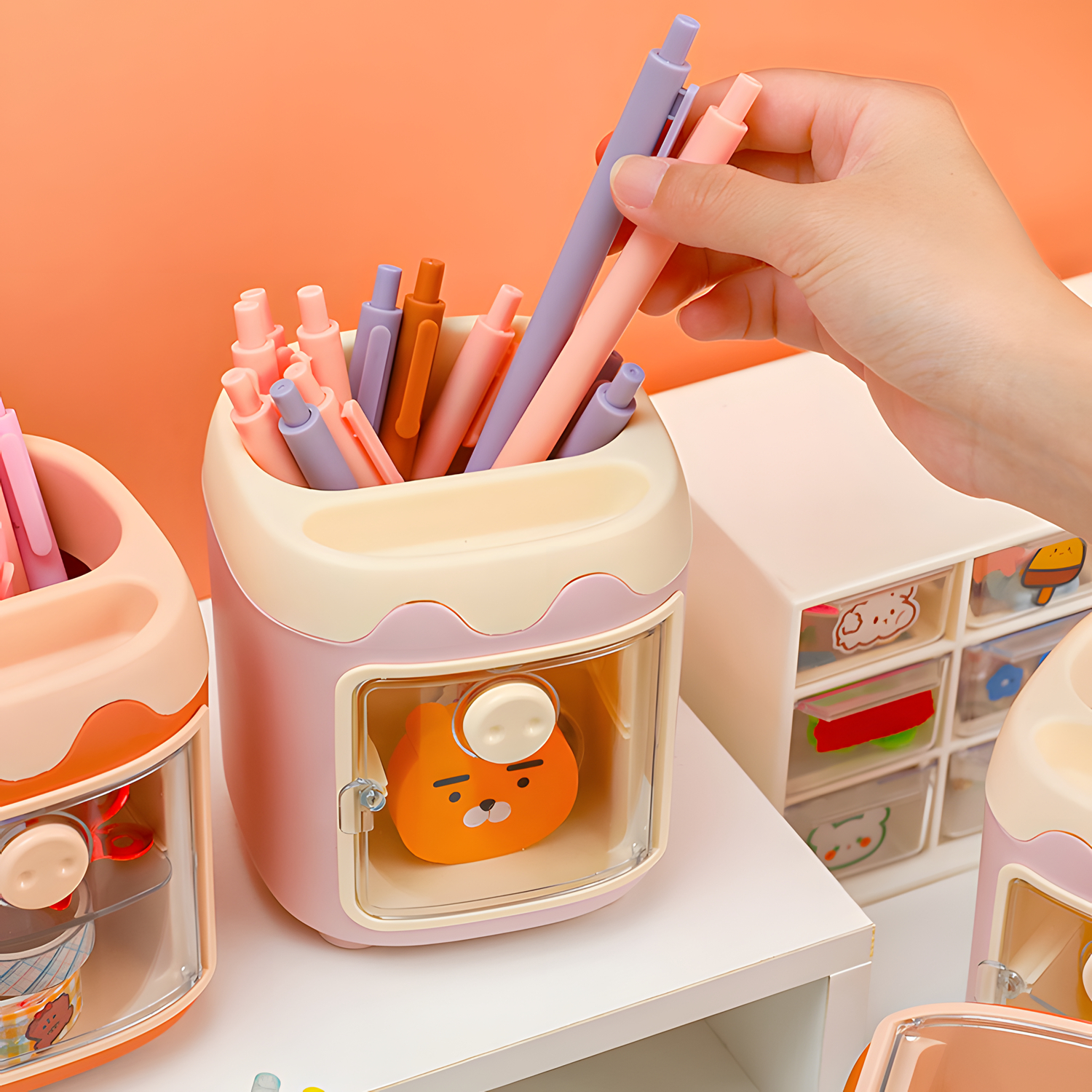 Pen Holder Organizador de Lápis com Gaveta, Cosméticos Maquiagem Brushes Holder para Penteadeira, Pig Nose Cute Pen Holder for Office