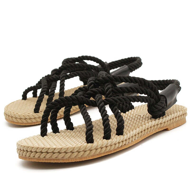 Women Sandals Summer Shoes Woman Flat Sandals Hemp Rope Lace Up Gladiator Sandals Non-slip Beach Chaussures Femme: Black / 39