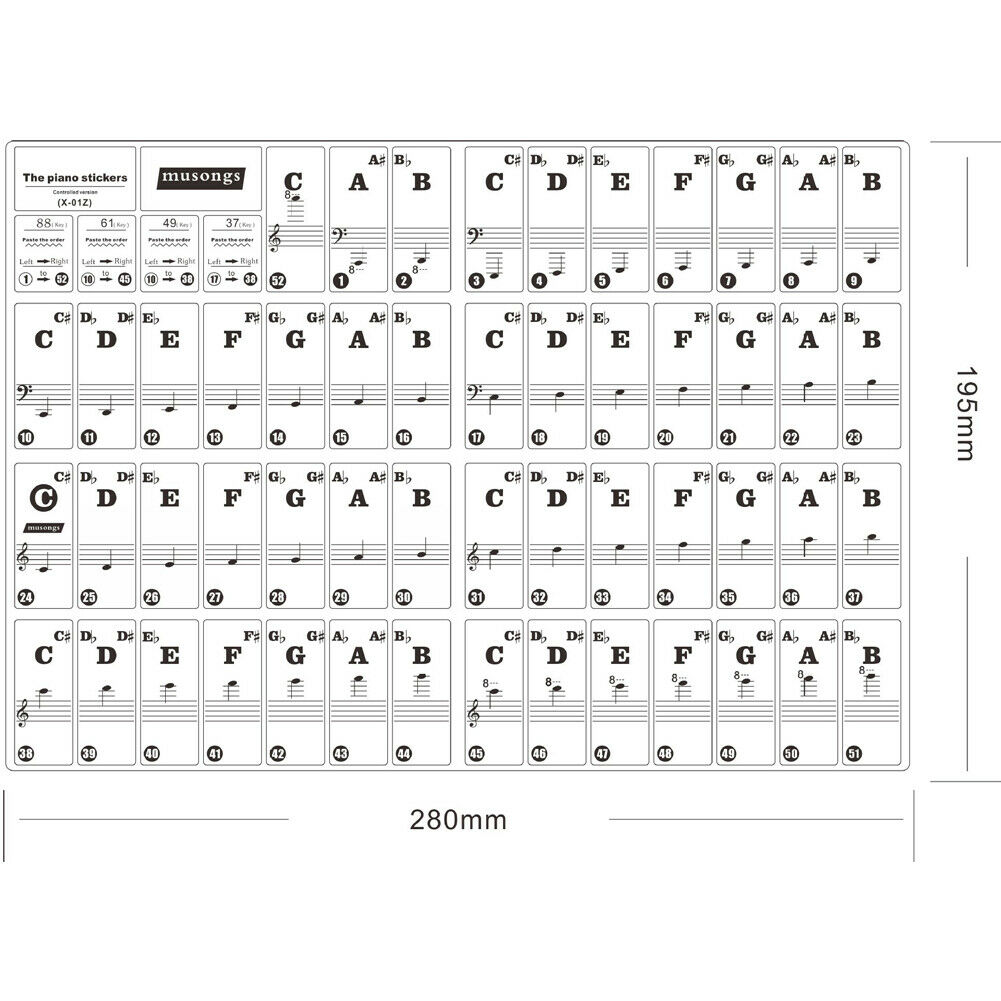 61/88 Key Piano Sticker Music Note Chart Keyboard Adhesive Finger Practice Stickers