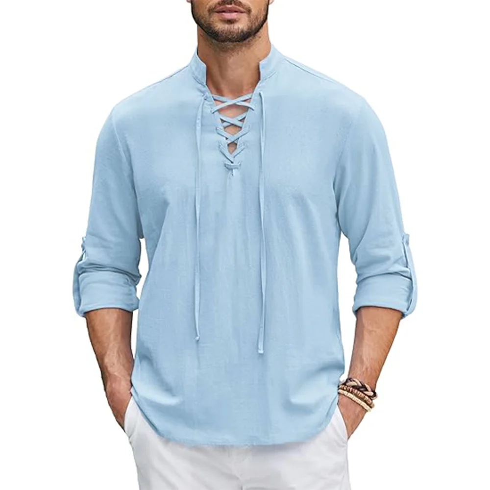 Heren Renaissance Shirt Piraat Middeleeuwse Viking Top Katoenen Linnen Shirts Heren Lange Mouwen Halloween Kostuum: XXL / Beige