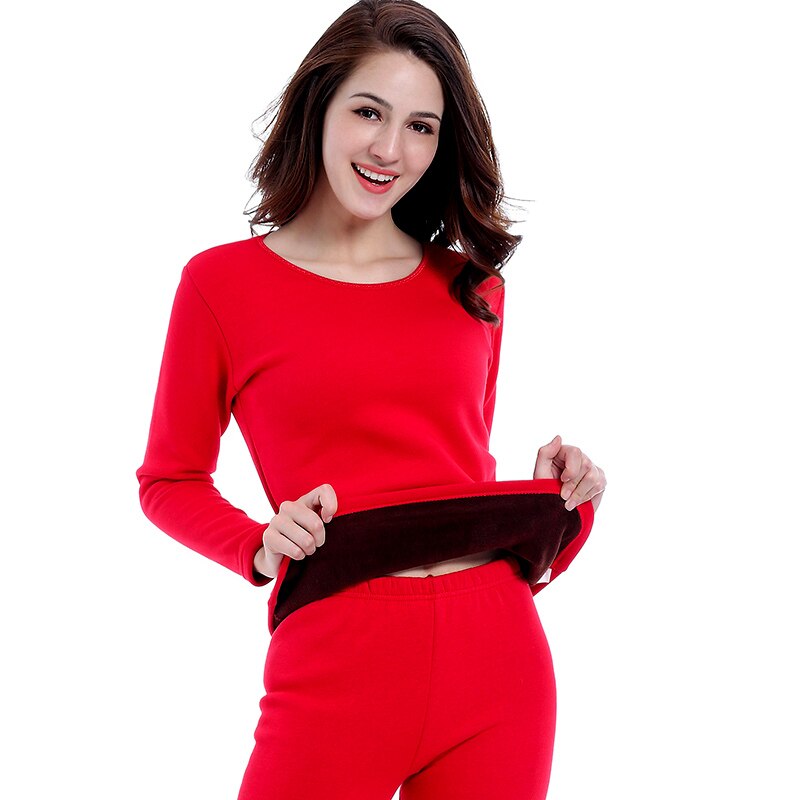 NANJIREN Women Thermal Underwear Sets Cotton Black thick Underwear Casual Long Johns Sets Female Solid Color Thermal Pajamas: Red / XXL 175  AS EUR L