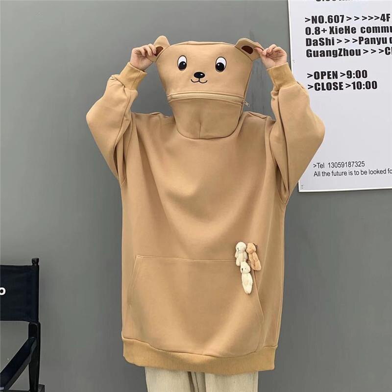 Unisex Frog Casual Panda Hooded Sweatshirt Couple with Plush Toy Accessories Durable for Winter Autumn Bear Hoodie AIA99: S / Khaki