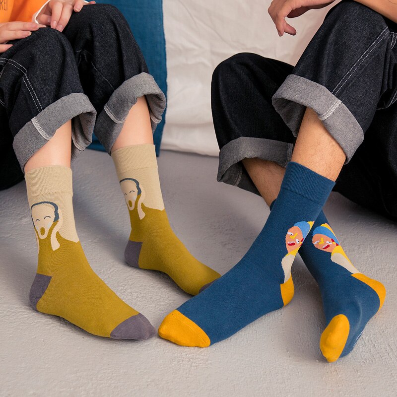 Unisex Oil Painting Style Women Socks 100 Cotton Harajuku Colorful Mid Socks Women 1 Pair Size 35-43 Christmas