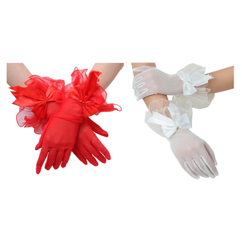 Guantes cortos finos de malla transparente para boda, lazo de satén y volantes ondulados