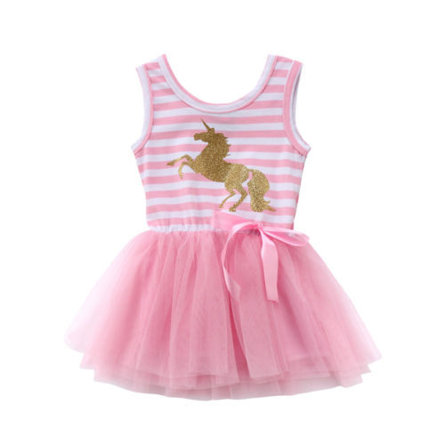 0-5T Pink Baby Girls Dress Cute Unicorn Print Dress For Girls Animal Sleeveless Striped Wedding Party Tutu Dress Girls Clothes