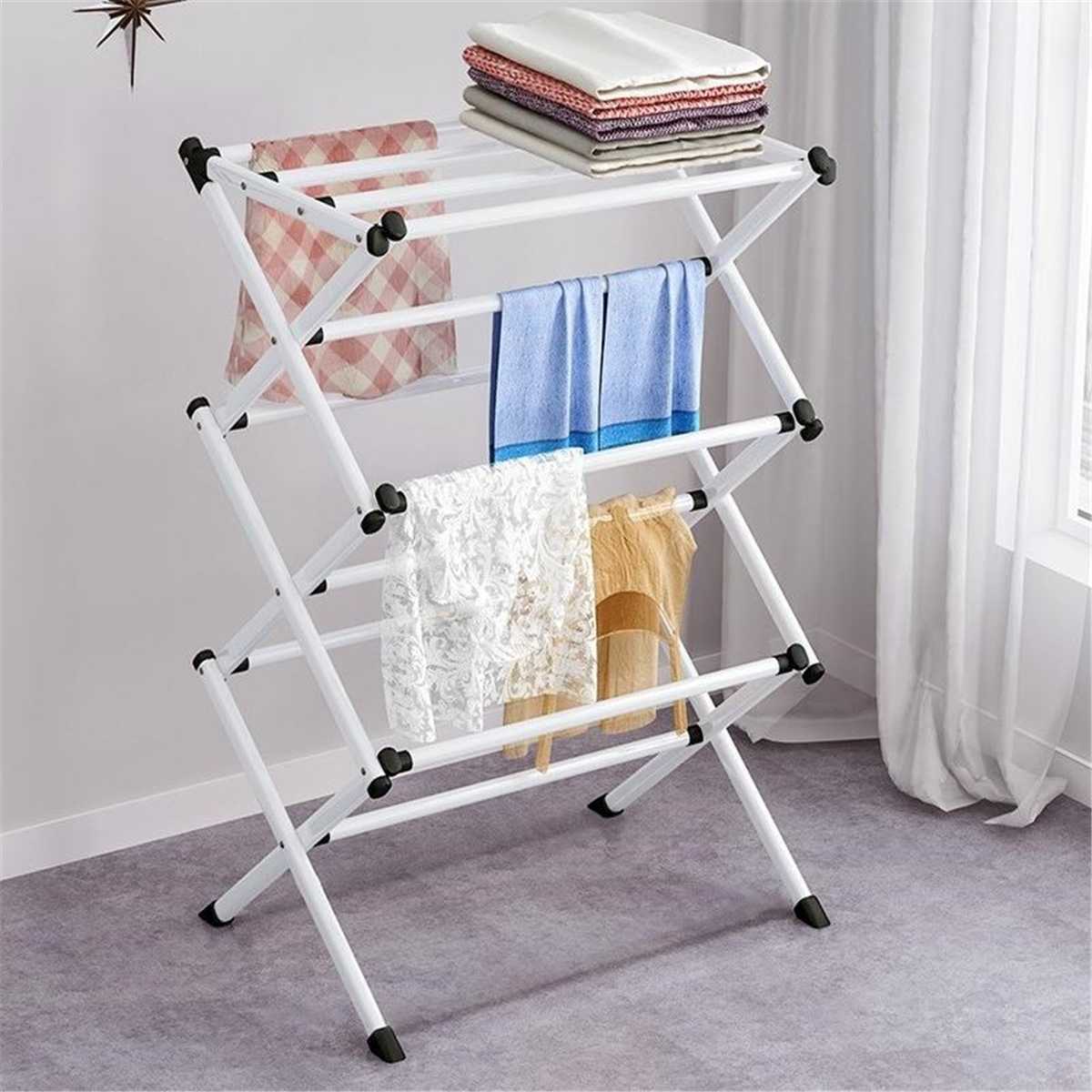 Iron Folding Clothes Drying Rack Indoor Outdoor Laundry Airer Room Storage Stand Foldable Clothes Drying Laundry Rack - White