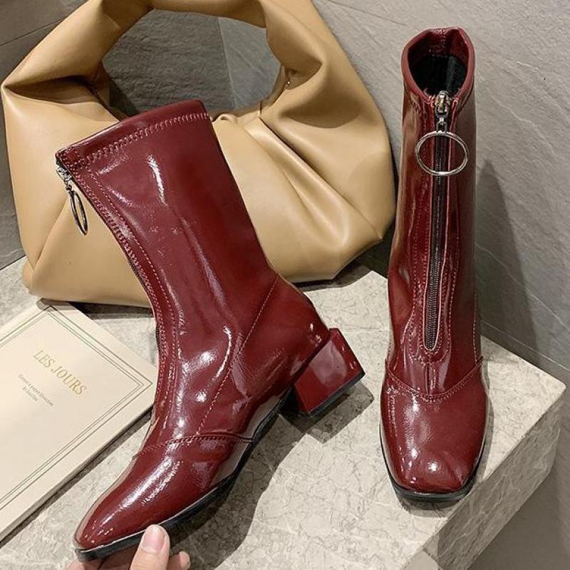 Ins dames enkellaarsjes outdoor laarzen dames enkellaarsjes metalen hak lakleer rits schoenen dames casual