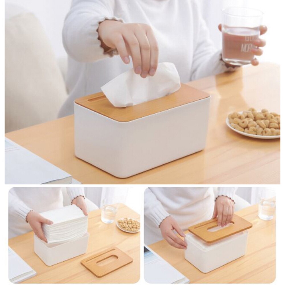 Home Kitchen Wooden Plastic Tissue Box Paper Towel Case Office Napkin Holder