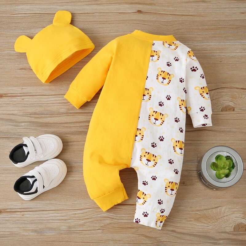 Pasgeboren Baby Jongen Romper 2 Stuks Set Katoen Leuke Cartoon Dier Tijger Patchwork Single Breasted Lange Mouwen Baby Jumpsuit + hoed 0-18M