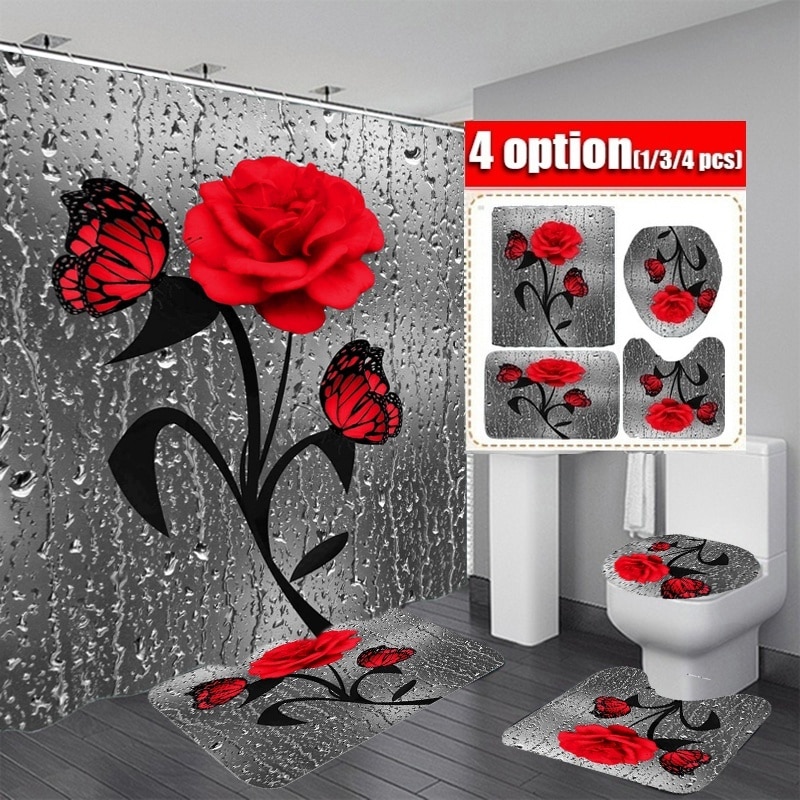 Rød rose & sommerfugl badeværelse skridsikker måttesæt holdbart vandtæt bruseforhæng sæt piedestal tæppe låg toiletdæksel bademåtte tæpper