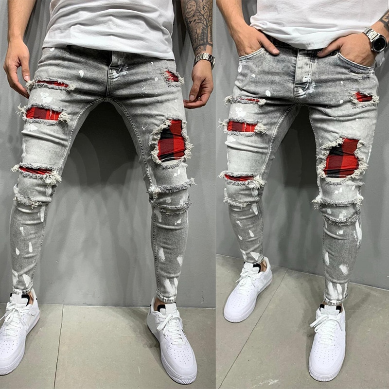 Menns bukser mote menn spijkerbroeken heren grå skinny stretch jeans broeken mannen trykt patch stretch patch jeans menn