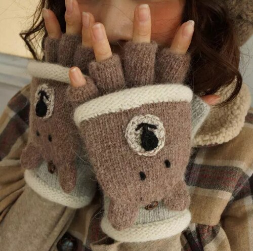 Mori Girl Lolita Kawaii medio dedo dibujos animados encantador oso León invierno guantes De lana guantes gruesos sin dedos calientes Luvas De Inverno: Bear