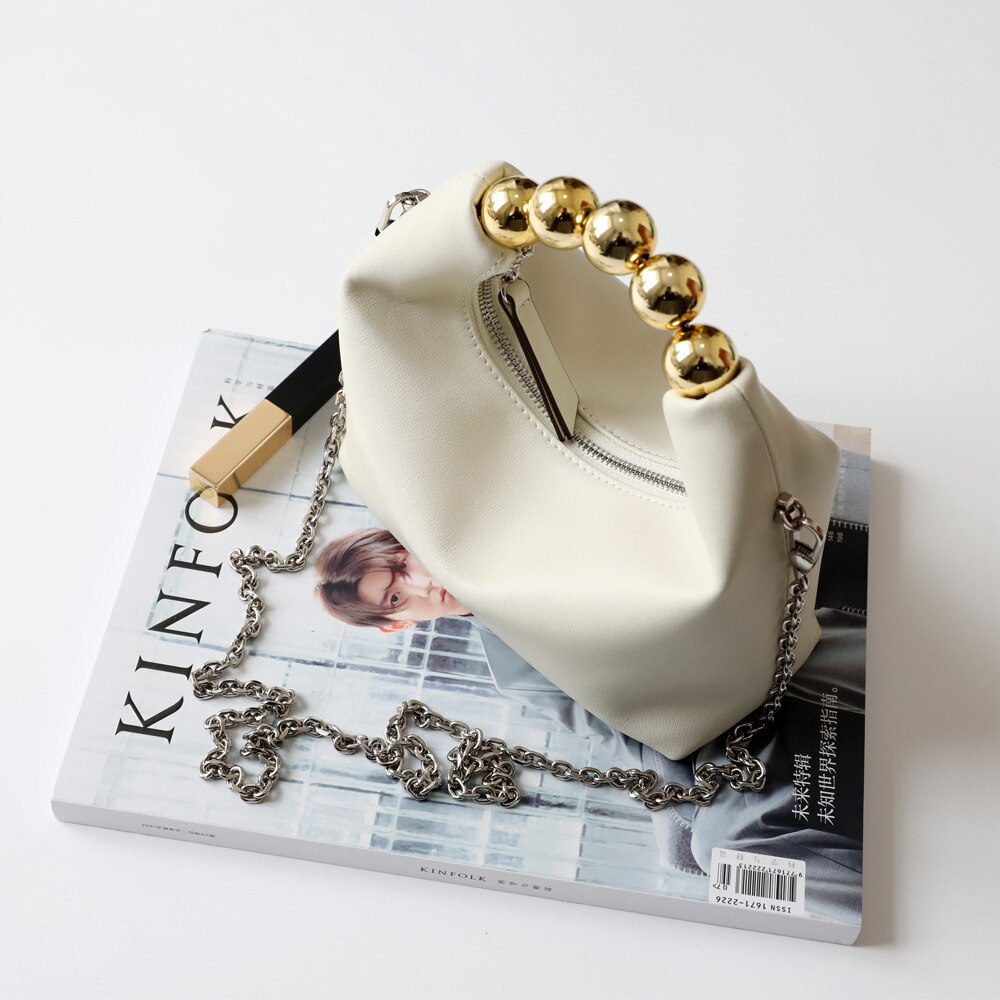 2022 Parel Kralen Handvat Handtas Paars Split Lederen Vrouwen Schoudertas Kleine Keten Crossbody Tas Yelllow: White