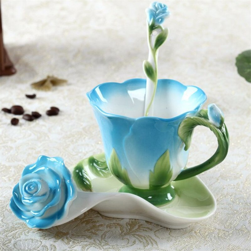 Creatieve Mode 3D Rose Vorm Bloem Emaille Keramische Koffie Thee Kop En Schotel Lepel Set Porselein Water Cup Valentijnsdag: Blauw