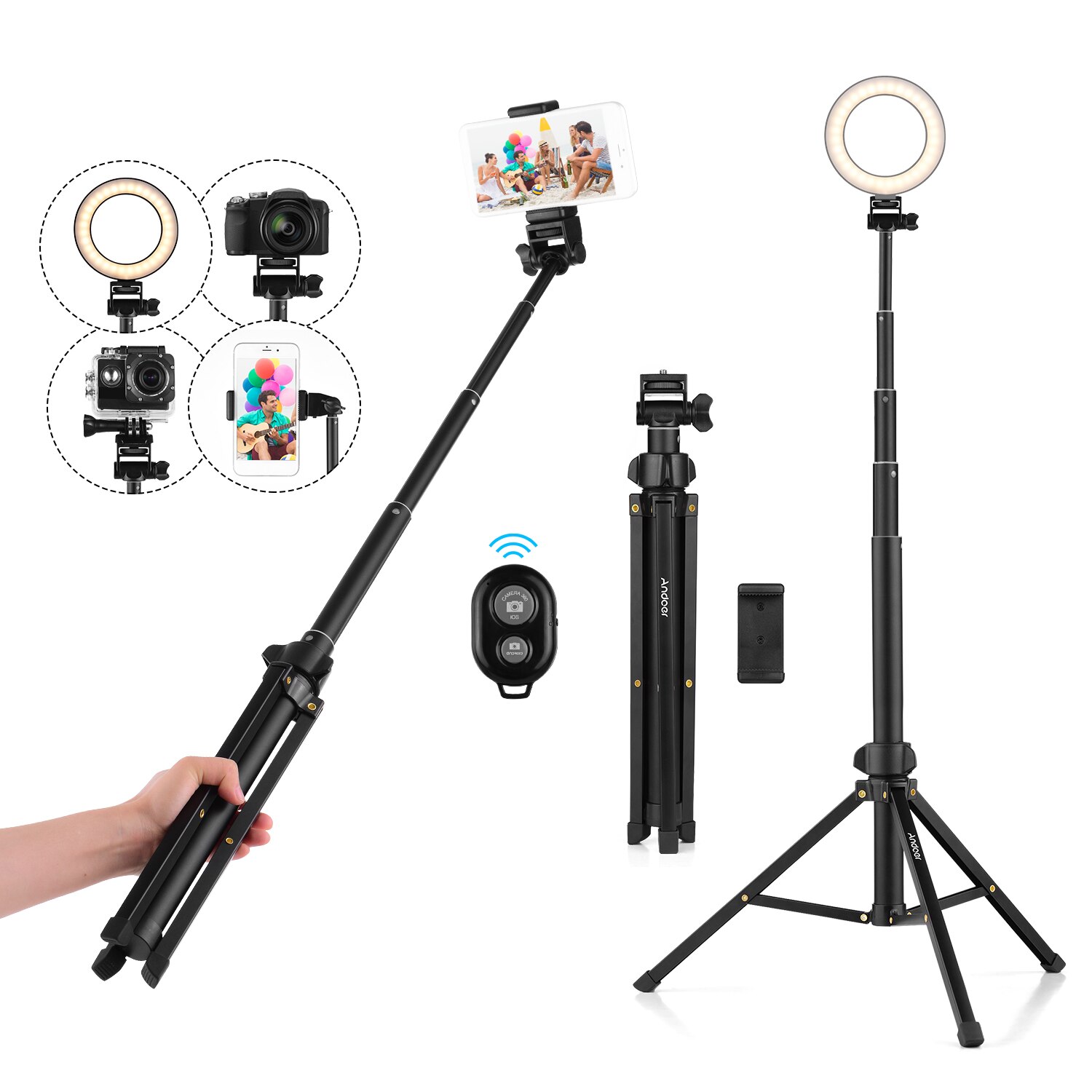 Andoer 1.5M/59 &quot;2-In-1 Statief + Uitschuifbare Selfie Stok Aluminium Legering Met telefoon Houder Afstandsbediening Sluiter Voor Iphone Android: Default Title