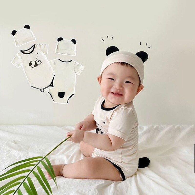 Zomer Baby Boy Kleding 2 Stuks Sets Katoenen Soft Mooie Cartoon Dier Panda Korte Mouw Baby Romper + Hoed Baby kleding Meisje 0-18M