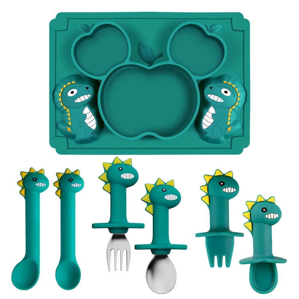 Silicone Baby Zuignap Plaat Slabbetjes Voeden Set Servies Bestek Kinderen Rvs Lepel En Vork Doseren Gerechten Din: Green 7pcs