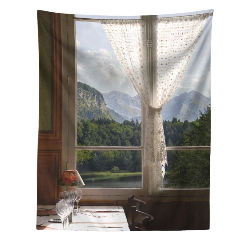Tapiz de paisaje de ventana para colgar en la pared, decoración Vintage para habitación de niña, arte bohemio, estética, dormitorio, Sábana de colchón de Yoga