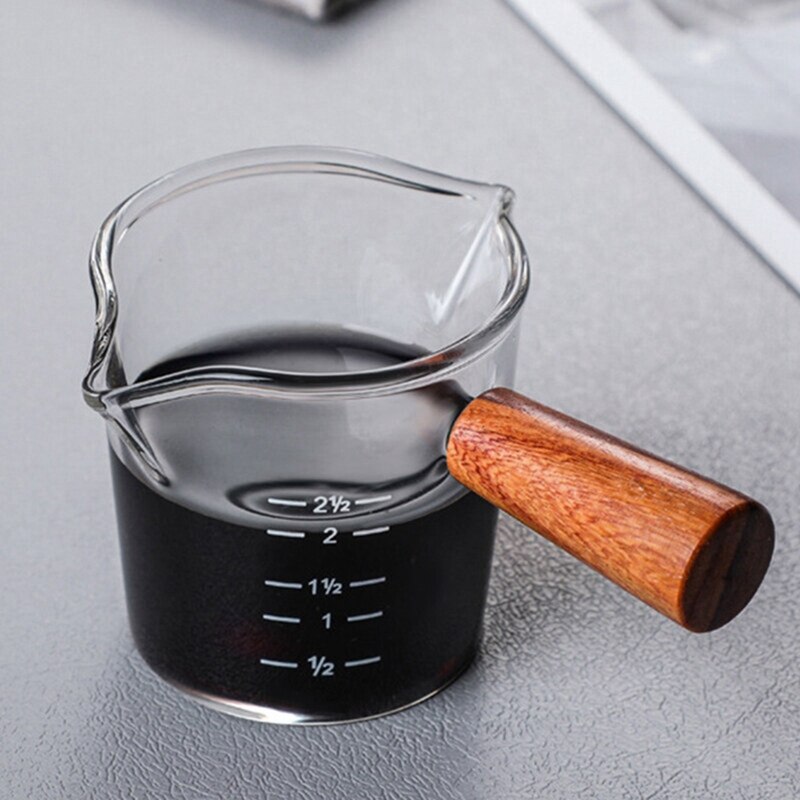 Heat-Resistant Glass Measuring Cup with Scale Milk Cup Wooden Handle High Borosilicate Glass Espresso Coffee Cup