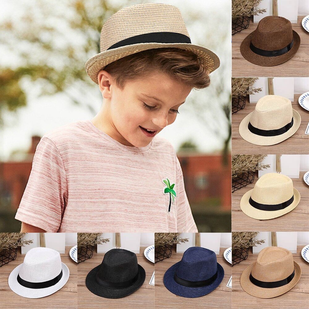 Dei Capretti dei bambini Della Spiaggia di Estate Cappello di Paglia di Jazz Panama Trilby Cappello di Fedora Gangster Cap outdo