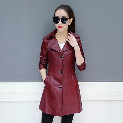 Chaqueta de cuero de imitación de para mujer primavera otoño nueva talla grande delgada de cuero PU chaqueta de motorista Casual abrigo femenino 4XL: Red / L