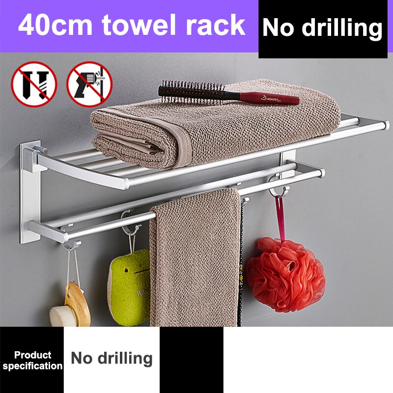 Taitettava pyyhepidike kylpyhuone pyyheripustin vaatteiden säilytysteline 40 50 60cm alumiinihylly koukulla keittiö hotelli ei porausta: 40cm