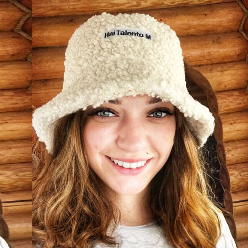 Lamb Wool Faux Female Hat Fur Warm Female Hat Faux Fur Winter Women&#39;s Bucket Hat Fisherman Outdoor Sun Hat Panama Lady Hat Cap