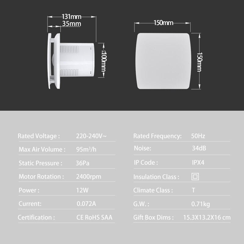 Bathroom Toilet Extractor Ventilation Fan with Humidity Sensor Timer 100mm 230V