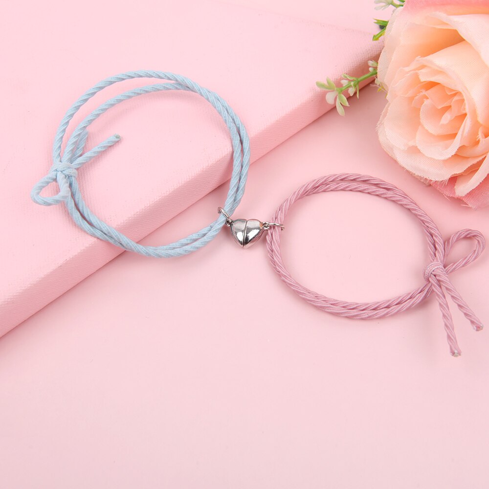 2Pc Twee Helften Hart Magnetische Armband Staal Hanger Paar Armbanden Voor Minnaar Vriendschap Armbanden Gevlochten Touw Magneet Sieraden