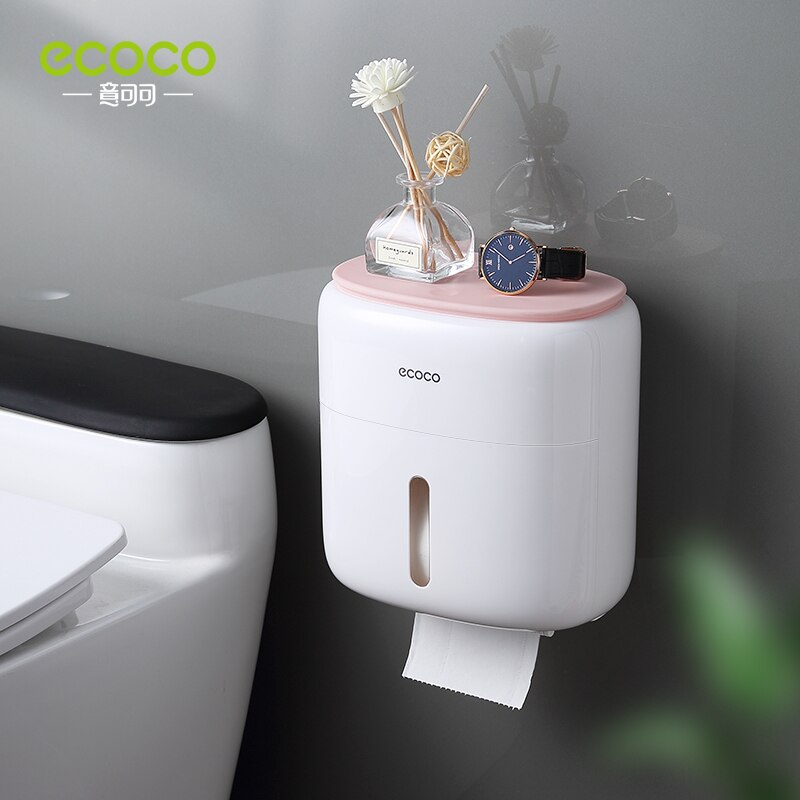 ECOCO-soporte de papel higiénico de montaje en pared, estante, bandeja de papel higiénico, tubo de papel en rollo, caja de almacenamiento creativa, caja de pañuelos para el hogar: double-deck pink
