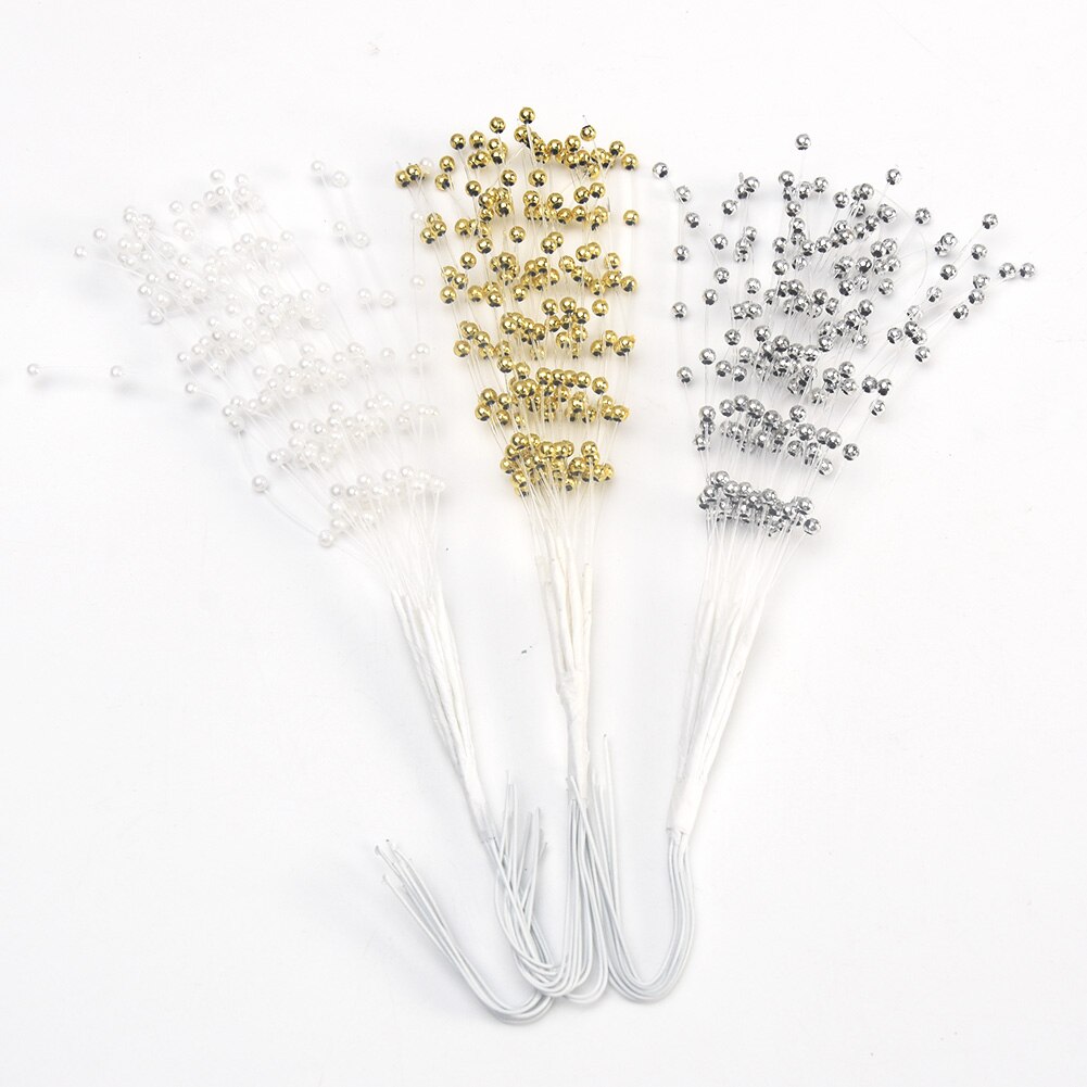 Bouquet de fleurs de mariée blanc/or/argent, 10 pièces, perles artificielles 19.5cm, décoration de mariage avec tige en fil de fer