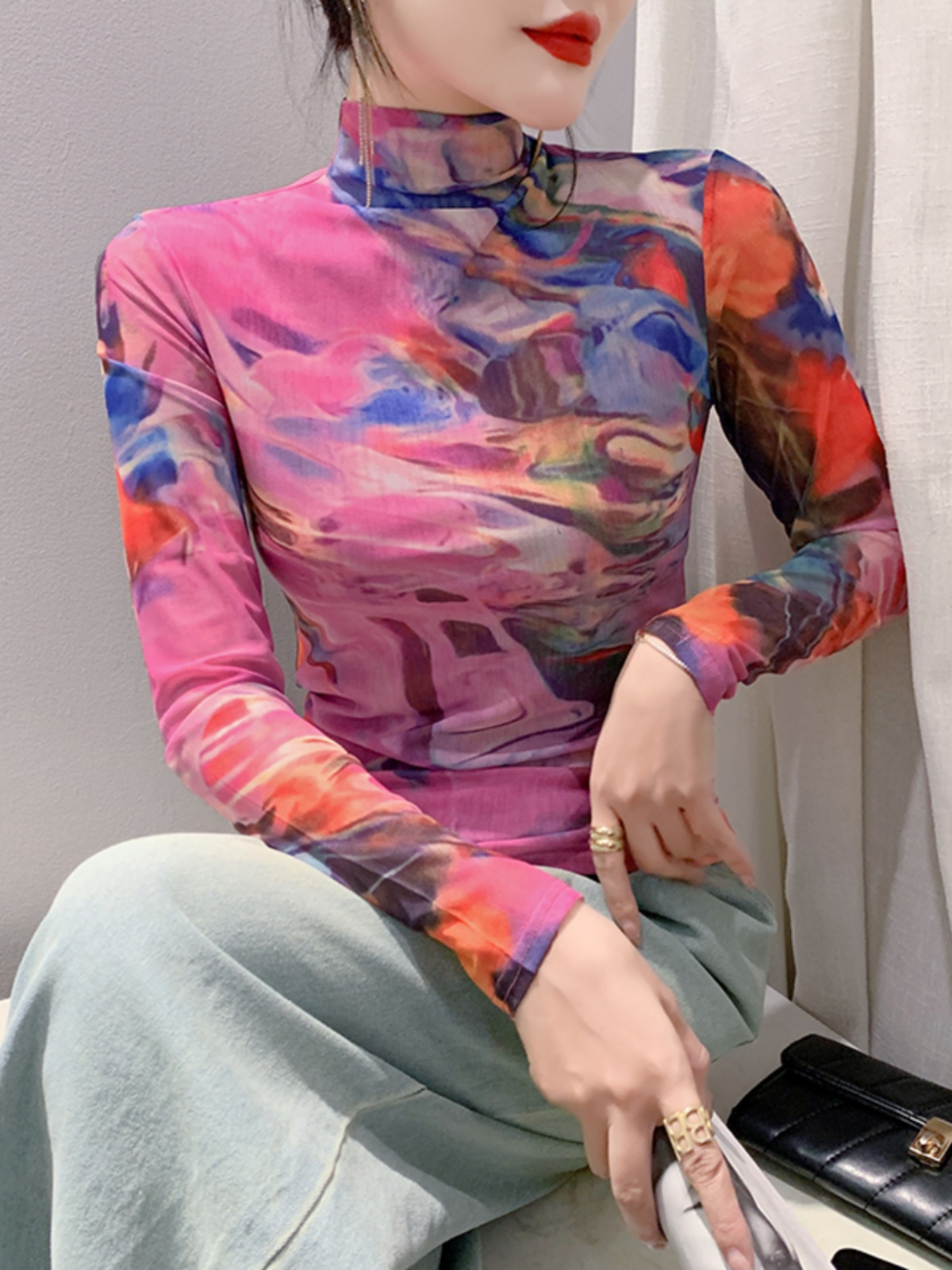 Size S-4XL Women's Long Sleeve Turtleneck Mesh T-shirt Women's Positioning Flower TShirts Female High Stretch Slim Top