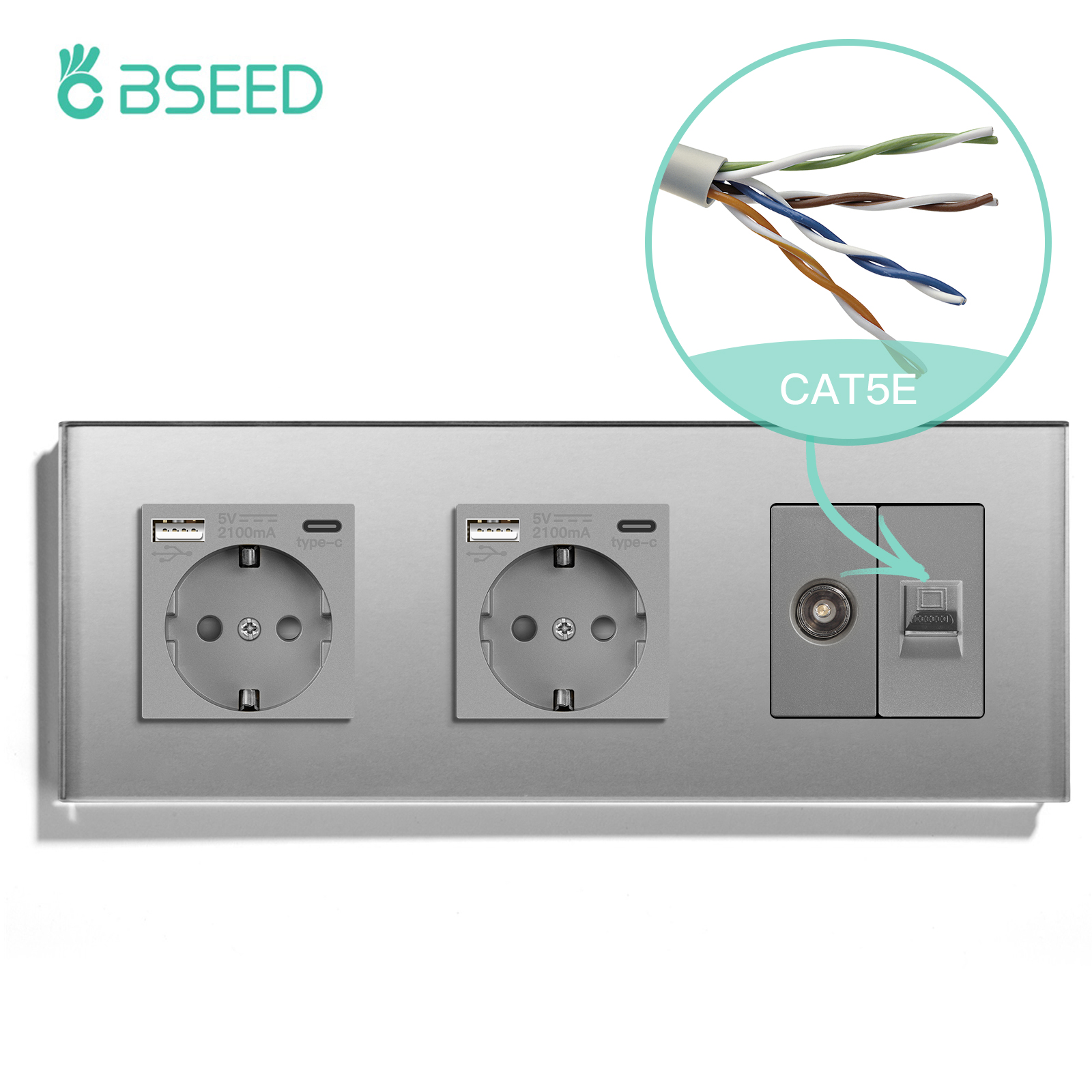 BSEED TV CAT5 With EU Socket Double Wall Sockets TV Internet RJ45 PC Connections Type-c USB Electric Sockets Glass Frame: type6