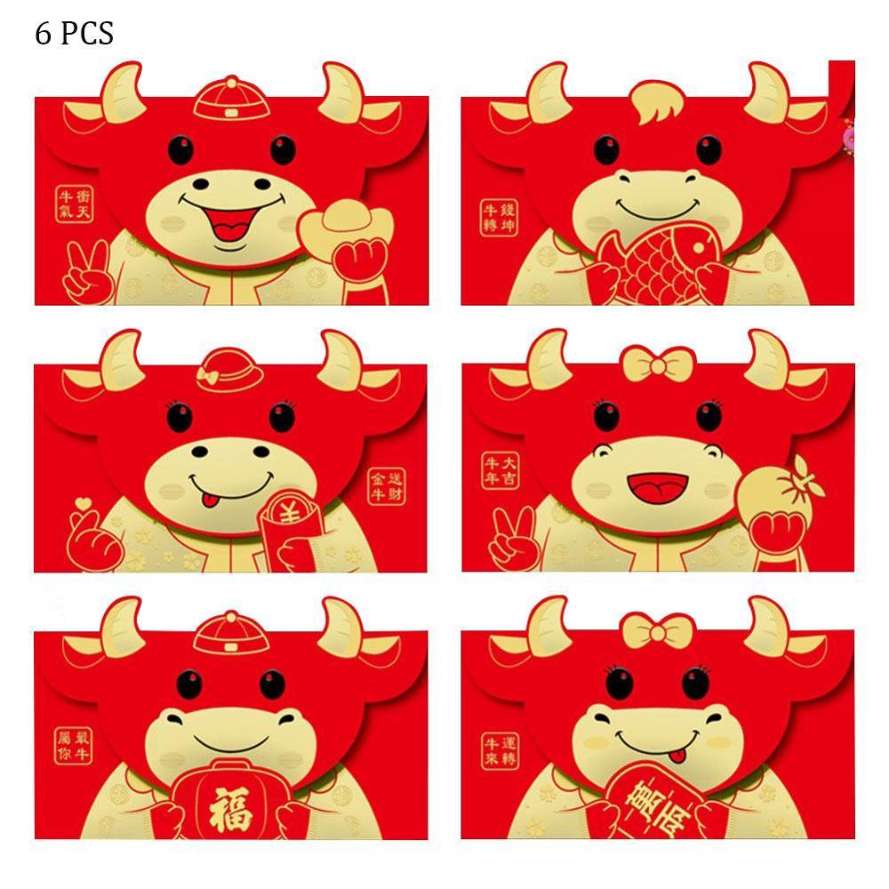 6pcs OX Lucky Chinese Red Envelopes Lucky Pockets Red Packet For Chinese Year Spring Birthday Marry Party: A