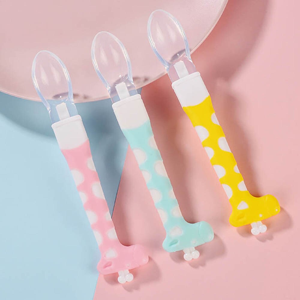 Baby Giraffe Training Lepel Veiligheid Leuke Cartoon Dieren Zuigelingenvoeding Lepel Siliconen Zachte Hoofd Baby Gebruiksvoorwerpen Kinderen Servies