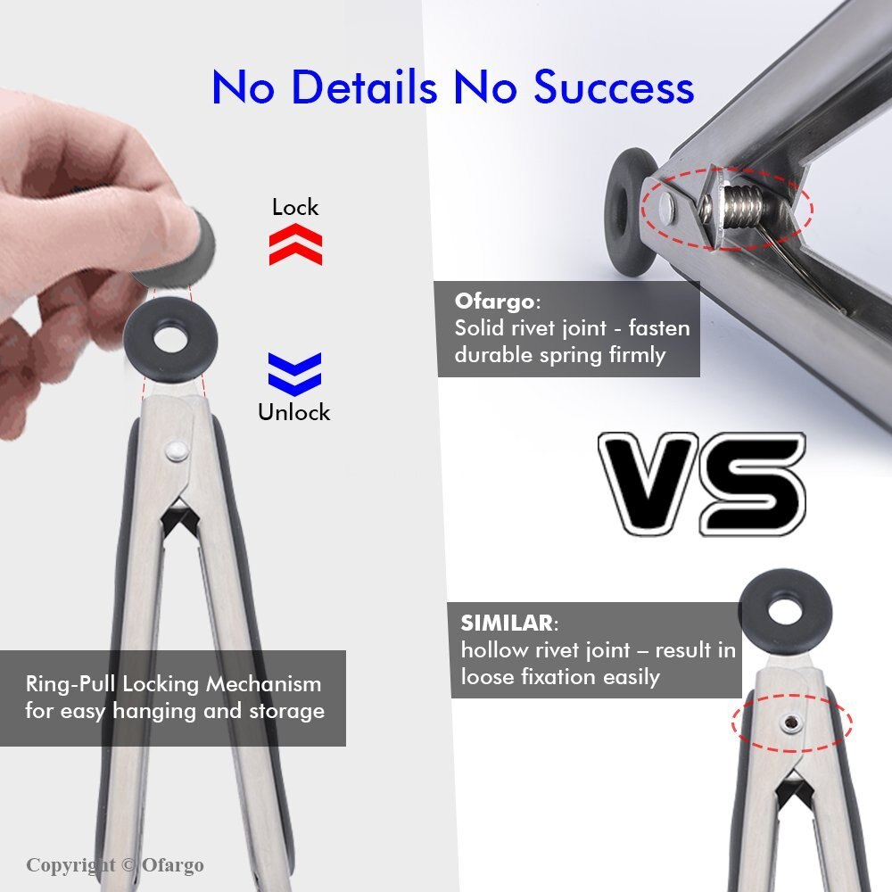 9 inch Kitchen Premium Silicone Tongs Non-slip & Easy Grip Stainless Steel Handle - Smart Locking Clip - Heat Resistant,