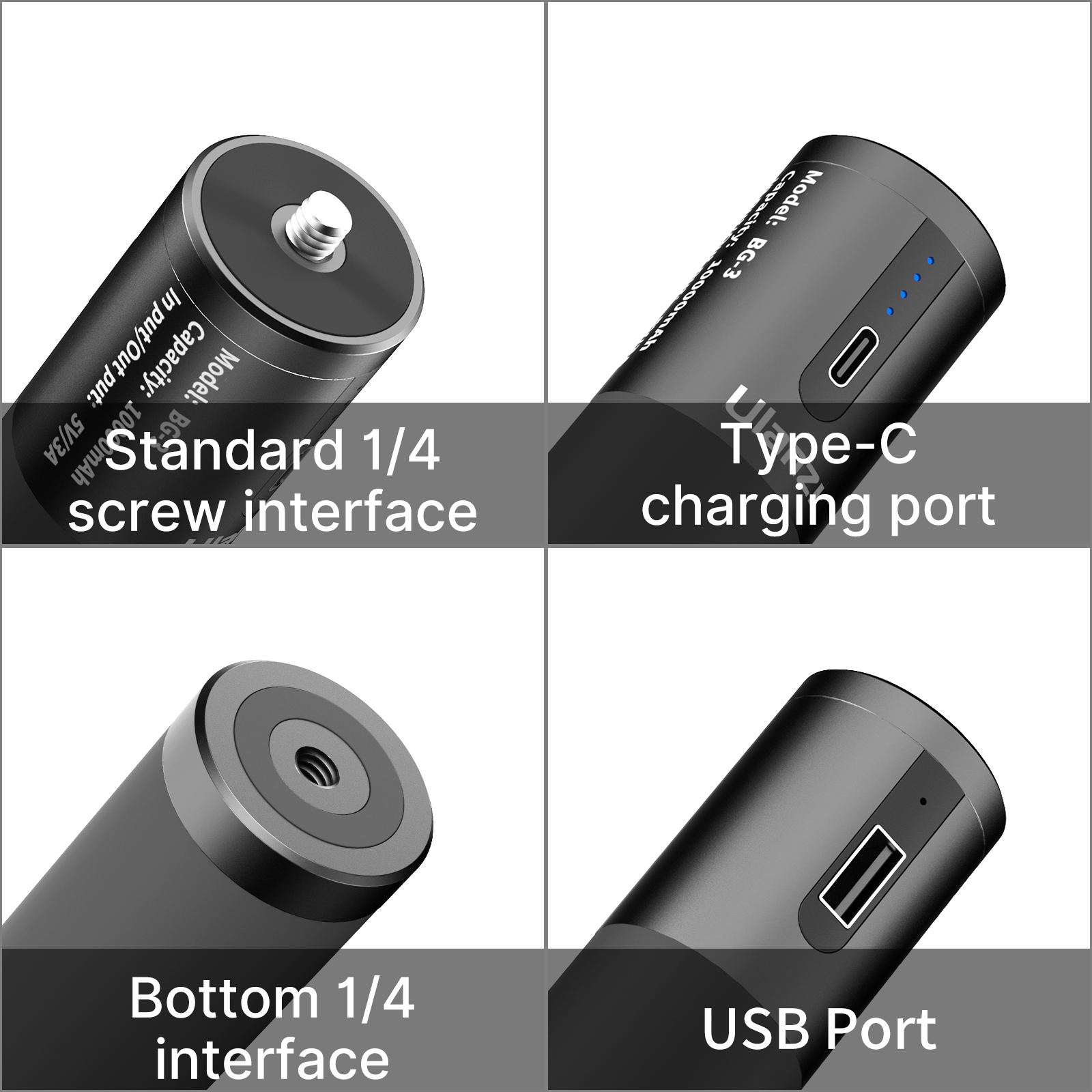 Ulanzi BG-3 Power Bank Hand Grip 10000mAh USB-A Type-C Dual Charging Ports with Mini Tripod for Smartphone Camera