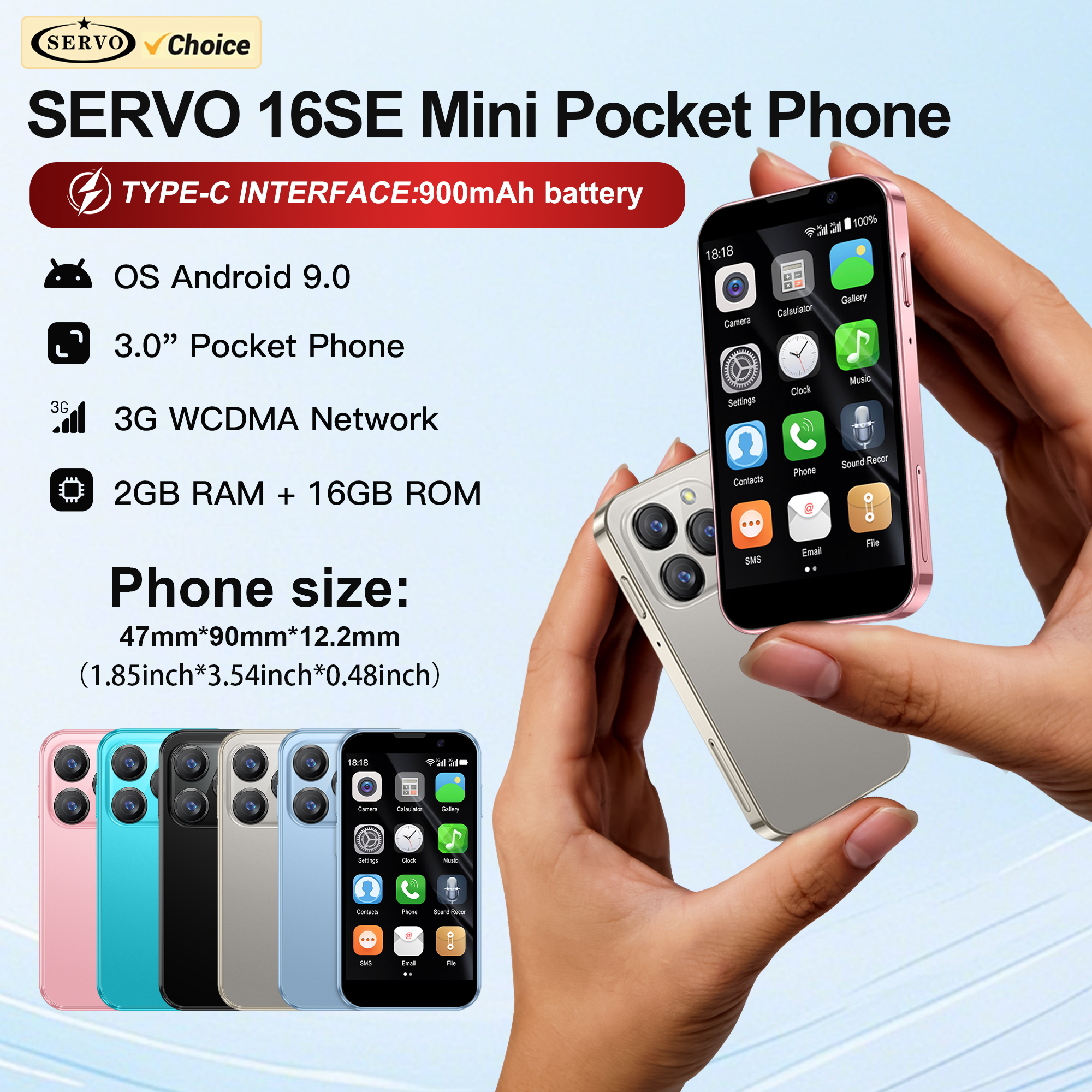 SERVO-Mini-Smartphone, 3,0-Zoll-HD-Anzeige, Android 9.0-praktisch, 2 GB + 16 GB, Gesicht-Entriegelung, 3G-Mobilfunk-GPS, kleine Smartphones