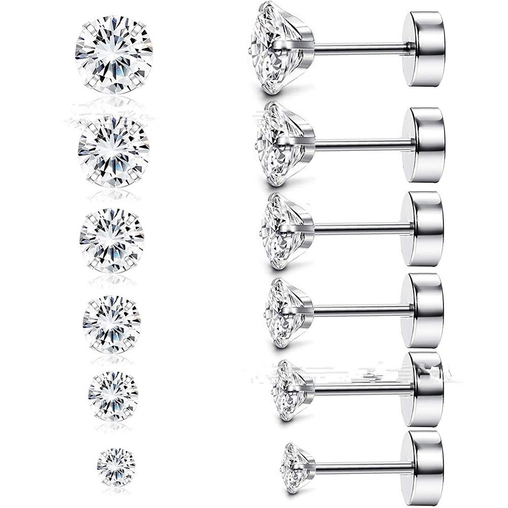 2Pcs The Latest Four Claws Zircon Stainless Steel Stud Earrings Circular Barbell Male Ear Bone Nail Puncture Accessories