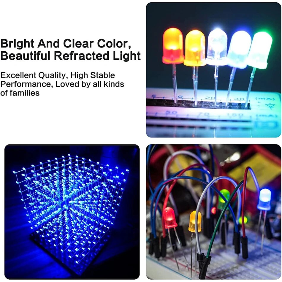 Diodo LED de 200 piezas, 3 mm, 5 mm, diodos emisores de luz LED transparentes, bombilla, lámpara LED, rojo, verde, azul, amarillo, blanco, para experimentos científicos