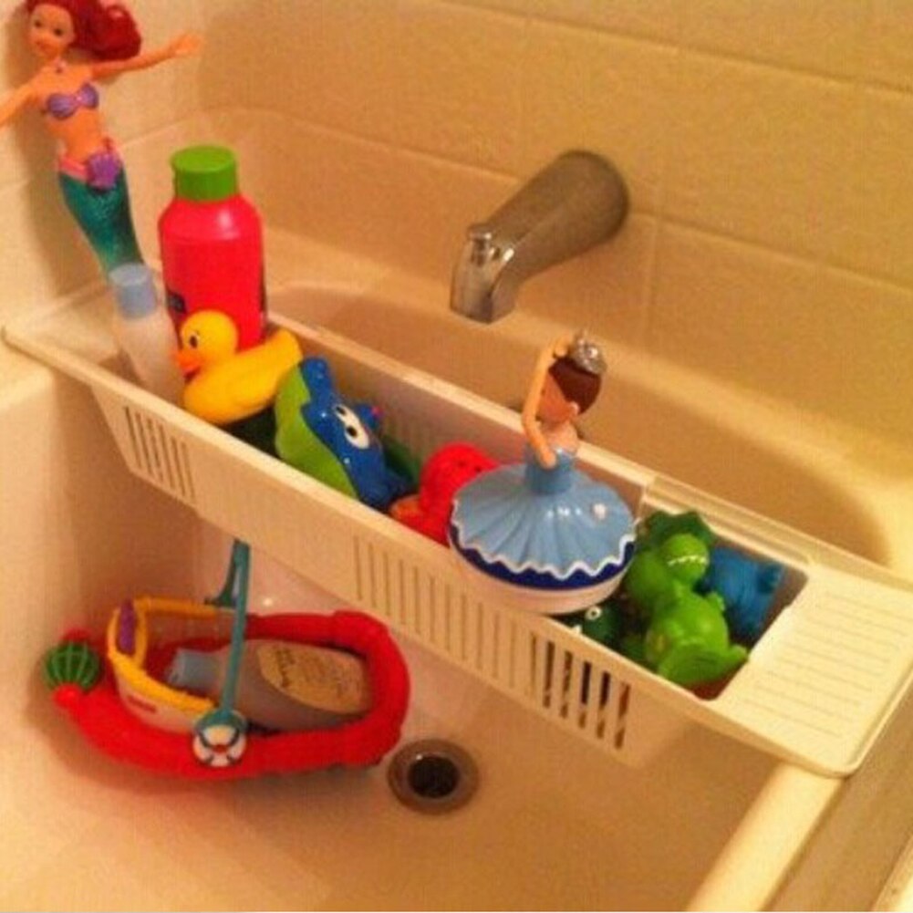 Badeværelse badekar opbevaringsstativ tilbagetrækkeligt badekar bakke kurv muiltfunktion afløb hylde rack børn badelegetøj opbevaringskurve