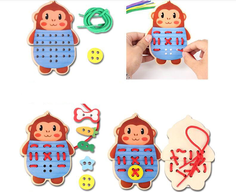 Wooden 3d Puzzles Cartoon Animal Lacing Card Rope 5PCS Exercise Concentration Hand Eye Children Classic Life Skills Toys