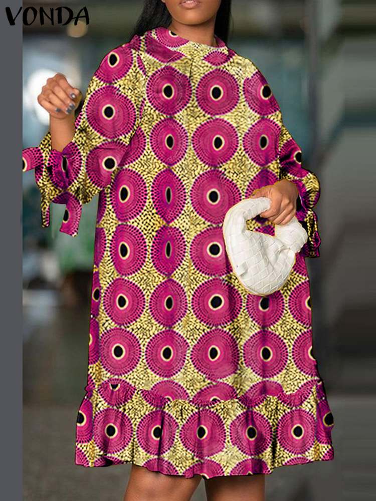 Vonda zomerjurk met print voor dames, bohemian stijl, casual, losvallend, lange mouwen, knielengte, feestjurk, oversized: M / Roze