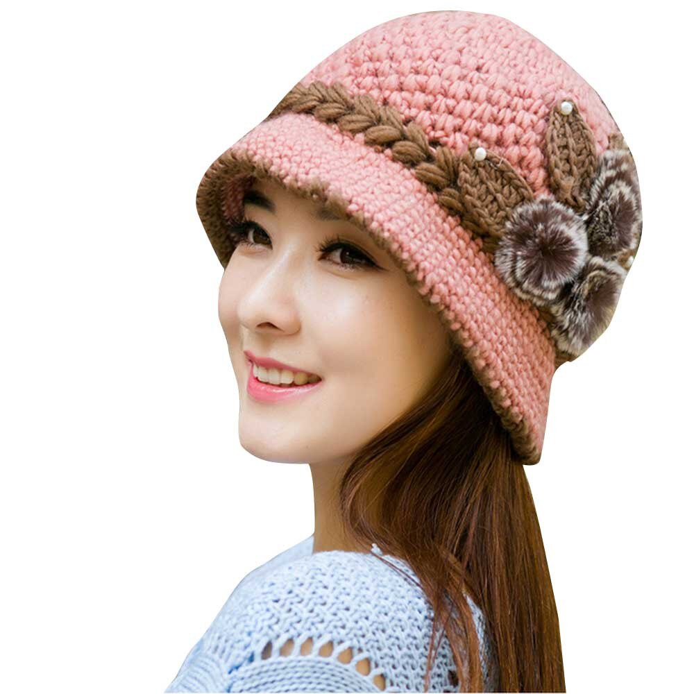 Ears Hat Knitted Women Cap Newly Lady Winter Warm Crochet Flowers Decorated Ears Hat Mujer: Green
